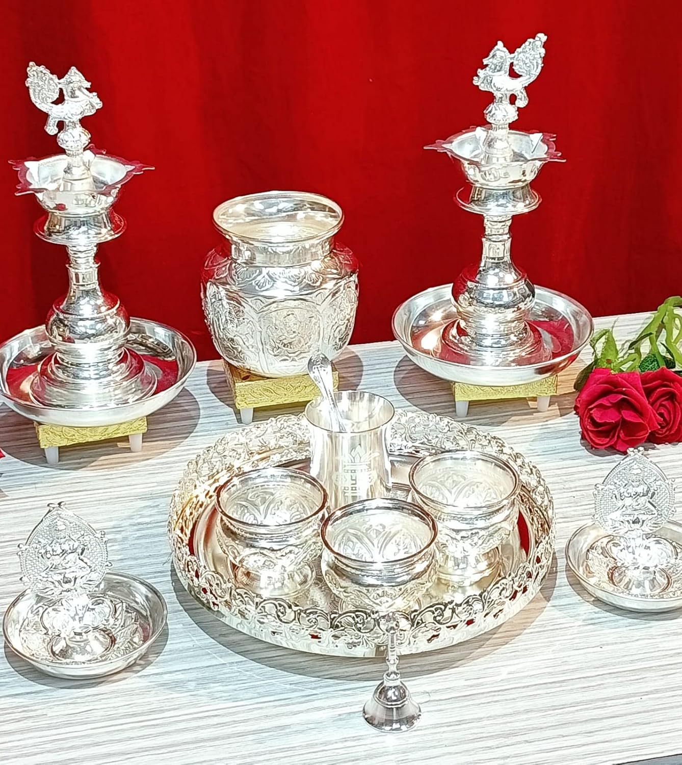 german silver pooja thali set of 19 pieces for housewarming pooja/ vara lakshmi/ diwali